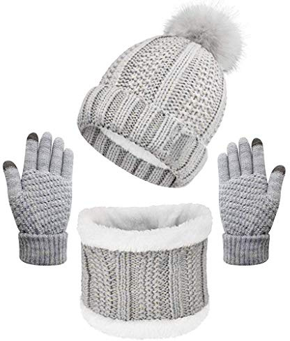 CheChury Conjunto de Bufanda Gorro de Punto y Guantes de Punto de Gorro con Pompón Invierno Regalos Guantes Táctiles Gorras Con Bufanda Suave Conjunto de Guantes de Punto,Gris,talla única