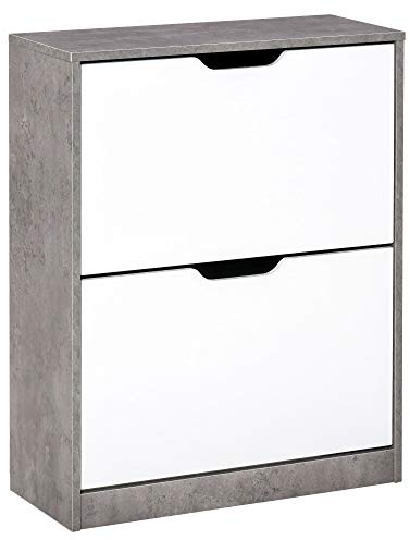 HOMCOM Scarpiera Salvaspazio Slim con 2 Ante a Ribalta, Scarpiera Ingresso con Ripiani Regolabili, Porta Scarpe per 8 Paia con Maniglia a Incavo, 62.5x26x81 cm, Grigio Cemento