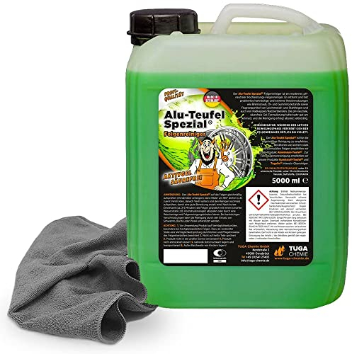 detailzone Felgenreiniger Set: 1x TUGA Alu Teufel Spezial grün 5 Liter + 1x Microfasertuch 40x40 cm grau