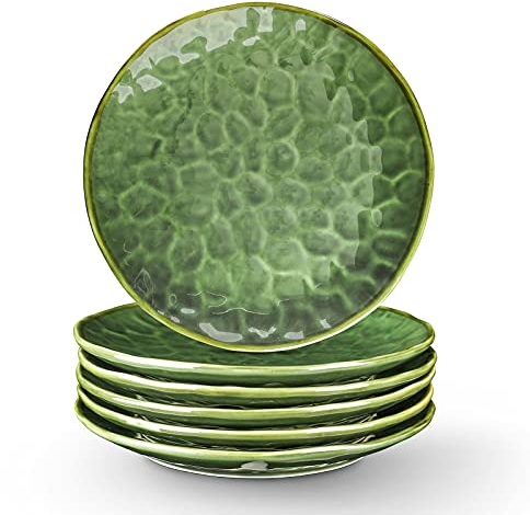 vicrays Ceramic Dinner Plates Set, 10.5 Inch, Set of 6, Round, Microwave, Oven, Dishwasher Safe, Scratch Resistant, Porcelain Fluted Suitable for Steak, Pasta, Pizza, Home, Party, Green