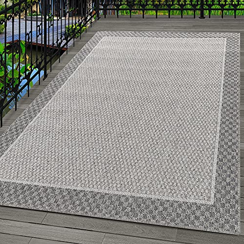Carpetsale24 In- & Outdoor Teppich 160x230 cm, Wetterfest & Robust, Flachgewebe mit Modernem Bordüren-Design in Grau & Creme, Rechteckig für Terrasse, Balkon, Küche, Bad & Wohnzimmer
