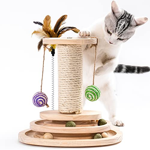 MEWOOFUN Katzenspielzeug aus Holz Roller 2-lagiger Drehteller Interaktives Katzen Spielzeug mit Federn, 3-in-1 Kitten Spielzeug interaktiven Bällen und hängenden Bällen und Katzenkratzen (Klein)