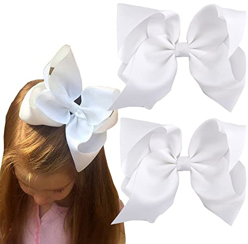 SALOCY 2 PCS 8 Inch Boutique Hair Bows Clips for Girls Toddler, Grosgrain Ribbon Big Large Bows Alligator Clips Kids Hair Accessories (White, Set-1)