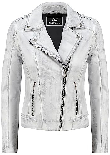 Jild Biker Style Vintage Leather Jacket Women - Casual Fashion Motorcycle Zip-Up Lightweight Coat Collar Women Leather Jacket (White-M)