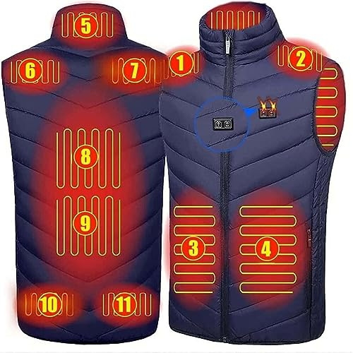 Gilet Chauffant Homme Femme, Veste Chauffante Electrique USB 11 Zones, Sans Manche Manteau Vetement Chauffant 3 Niveaux de Température pour Hiver Moto Pêche Chasse (Color : Blue, Size : 5XL)
