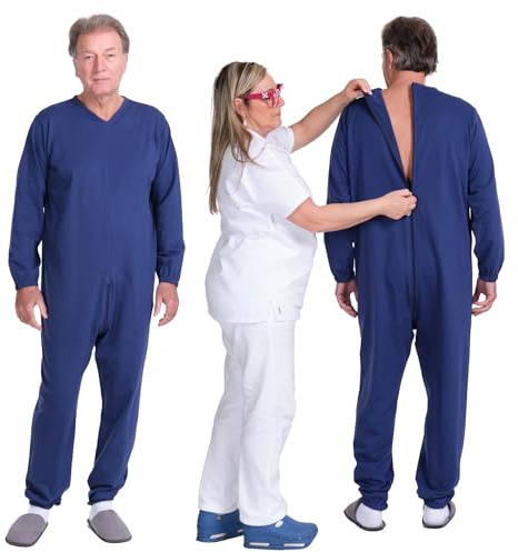 Grenouillere Adulte Hiver, Pyjama Integral Fermeture au Dos, 100% Coton (9078F) Anti Deshabillage Alzheimer, Demence, Incontinence (FR/ES, Alpha/lettres, L, Taille normale, Taille normale, Bleu)