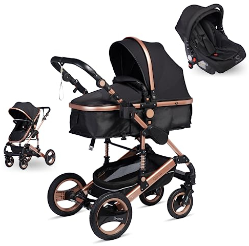 BRONEA 3 in 1 Kinderwagen Set mit Auto-Babyschale, ISOFIX STATION & Zubehör - Kombikinderwagen - große Räder - leicht klappbar - verstellbarer Fahrtrichtung