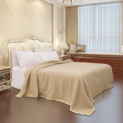Calda coperta invernale, 100% pura lana neozelandese, morbida coperta di lana, adatta per letto e campeggio, per letto king-size, matrimoniale (beige, 230 x 275 cm)