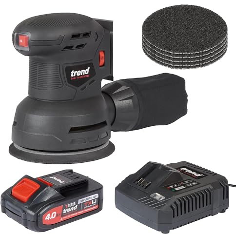 Trend 18V Cordless 125mm Random Orbital Sander with 4Ah Battery, Fast Charger & 50 Abrasive Sanding Discs, T18S/ROSP2