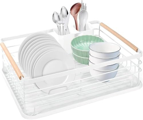 HUIYOPU Drain Rack Stoviglie, Portapiatti Salvaspazio con Contenitore di Scarico Rimovibile Per Asciugare Utensili da Cucina e Posate, Bianco