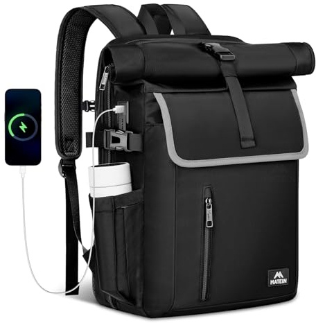 MATEIN Rolltop Rucksack Herren, Rucksack Wasserdicht 36L, Großer Laptoprucksack 17,3 Zoll mit USB Ladeanschluss, Anti-Diebstahl Backpack Kompatibel mit Airtag und RFID Fach, für Reisen, Uni, Schwarz