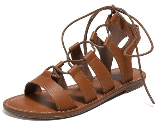 BININBOX Sandalias Mujer Verano Planas Romanas Zapatos Gladiador atadas al tobillos puntera abierta Bohemio (Marrón, Adulto, 41, Números, Sistema tallas calzado EU, mediano)