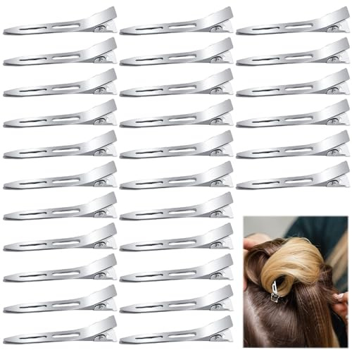 WUBAYI 60 pinzas para el pelo de pico de pato, pequeñas pinzas planas, metal inoxidable de 1.5 pulgadas con agujeros, salón de belleza, lazos para bricolaje, color plateado