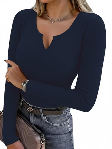 Aottori Camiseta Manga Larga Mujer Cuello en V Elástico | Básico, Elegante, Acanalada, Punto, Blusa, Ligero, Sólido, Casual, Túnica, Top