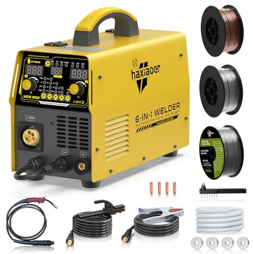 Soldador MIG MAG de 200A, 6 en 1 Multiproceso Aluminio Soldador de Hilo con Gas MIG/Sin Gas MIG/Impluso MIG/ARC/Lift TIG, Soldador Inverter de IGBT, MIG200