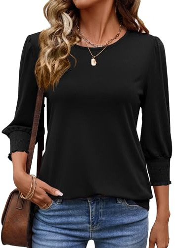 IECCP Camicetta da donna con maniche a 3/4, scollo rotondo, tunica estiva, casual, 2026, Nero , L