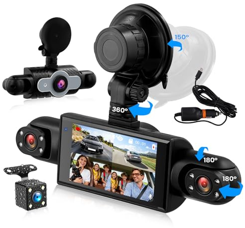 CAMECHO 4 Canaux Dashcam 1080P Rotation à 360° Caméra Voiture Embarquée Avant et arrière avec Vision Nocturne, 3,0 Pouces Ecran Dashcam Enregistrement en Boucle, Détection de Mouvement