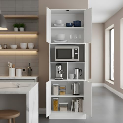 GOKHOMX Armoire de Rangement Cuisine ou Bureau Blanche, Meuble de Rangement Colonne avec 4 Portes et Etagere,Armoire 60 cm Largeur Garde Manger, 180,5x40x60 cm