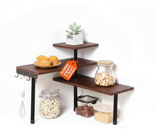 Avilia – Mensola in Legno Bambù Multiuso, 3 Ripiani, Struttura Modulare – Angolare Acciaio Inox, Resistenza fino a 4kg, Mobile per Ambienti Camera, Cucina, Bagno, 4 Ganci Acciaio