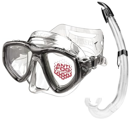 SEAC Set Bis Clear, Maschera Doppia lente Antifog Anti Appannamento Low Volume boccaglio Flash con Top Anti Onda, Set per Immersioni e Snorkeling, Nero/Trasparente
