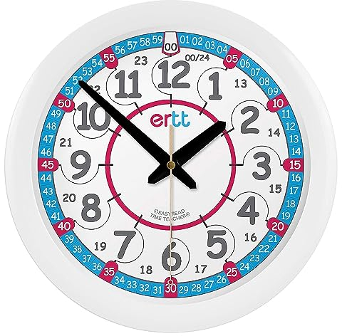 ertt EasyRead Time Teacher Kinderwanduhr - Wanduhr Kinderzimmer - Die Zeit Lernen Wanduhr Mädchen & Jungen für Schlafzimmer mit Zeit Unterrichtsdesign, 24 Stunden Gesicht & Nachtlicht - Uhr 29cm