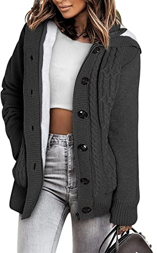 Sidefeel Women's Cardigan Hooded Fleece Lined Jackets Winter Cable Knit Sweater Coat Large Dark Grey