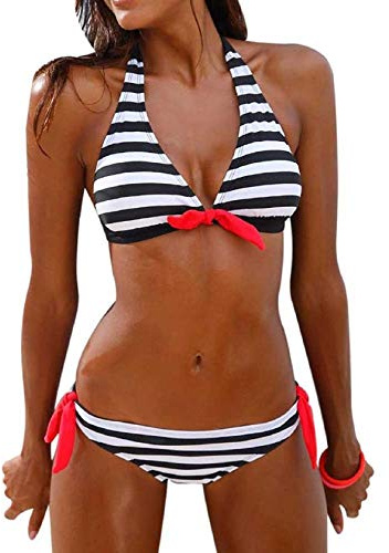 Tuopuda Costumi da Bagno Donna Bikini Due Pezzi Push Up Imbottito Righe Halter Top Reggiseno con Slip Costume Mare Coordinati Sexy Spiaggia Regolabile Brasiliana Bikini Set Estivi Beachwear, Nero, XL