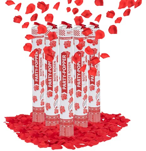 Party Factory – Konfettikanone Rote Rosen Party Popper 5er Set – Partygadgets Konfetti Kanone 40cm mit Schnipseln für Hochzeit, Valentinstag oder JGA – Bis 8m Flughöhe, für Innen & Außen