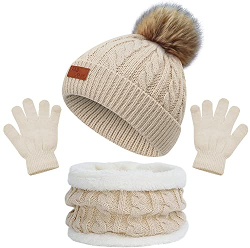 beifon Cappello a Maglia Bambini Invernale Sciarpa Guanti Berretto in Maglia con PomPom Ragazzi Berretto Sciarpa Beanie Cappello Scaldacollo per Ragazzo e Ragazza（3-8 anni） (Cachi)
