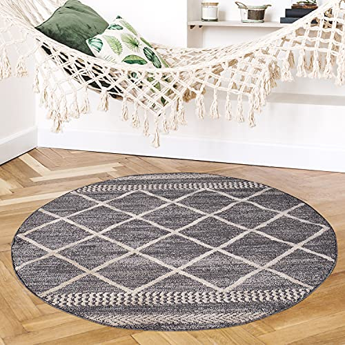 payé Teppich Rund - Wohnzimmer Kurzflor - Grau - 120x120cm - Modern Rautenmuster Deko Boho Stil Schlafzimmer Flur Dekoration - Skandinavische Teppiche