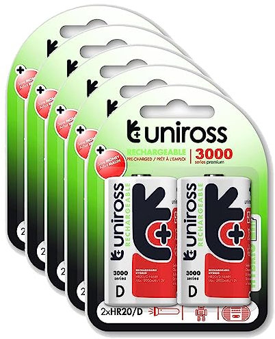 Uniross - Pack de 5 pilas recargables (1,2 V, D/HR20, 3000, NIMH, 2 unidades)