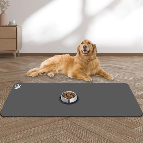 Large Pet Feeding Mat, Absorbent Quick Dry Dog Mat for Food and Water Bowl, No Stains Easy Clean Dog Water Dispenser Mat, Pet Supplies Bowl Mat for Messy Drinkers (Dark grey, Paw print 100 x 40cm)