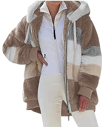 Livonmone Fleecejacke Hoodie Damen Kapuzenpullover Teddy-Fleece Warm Herbst Wintermantel Stilvoller ReißVerschluss Fellmantel PlüSchjacke Mit Taschen