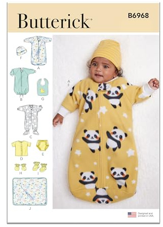 Butterick B6968A Infants' Bunting, Jumpsuit, Shirt, Diaper Cover, Hat, Bib, Mittens, Booties and Blanket Sewing Pattern Kit, Design Code B6968, Sizes XXS-XS-S-M-L