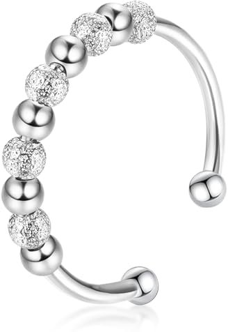 S925 Silber Anti Stress Ring Verstellbare, Anxiety Ring Silber mit Perlen, Frauen Damen Antistress Ringe Linderung von Angst Fidget Ring Offene Stressringe Angstring Schmuck für Frauen (Silber)