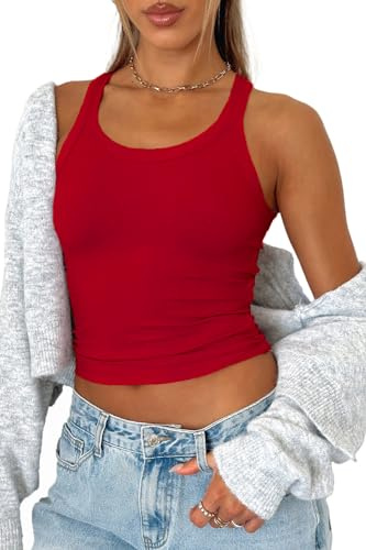 FOFAINWE Débardeur cropped côtelé - Col rond Entraînement d'été Halter Hauts sans manches Basique Camis Dos nageur, rouge, S taille courte
