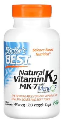 Doctor's Best Vitamine K2 MK7 Naturelle avec MenaQ7, 45mcg - 180 Gélules Végétales pour la Santé Osseuse et Cardiovasculaire