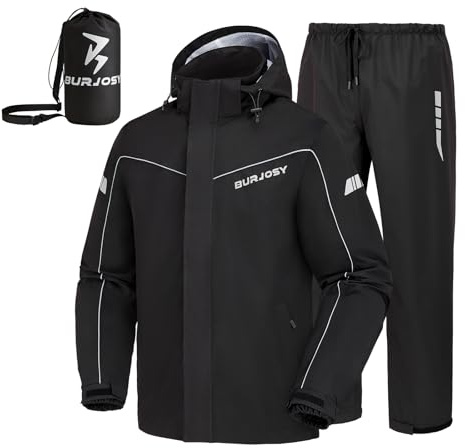 Burjosy Traje de Lluvia Impermeable para Hombre, Conjunto de Chaqueta y Pantalón de Lluvia Plegable, Impermeable Reflectante con Capucha a Prueba de Viento para Exteriores