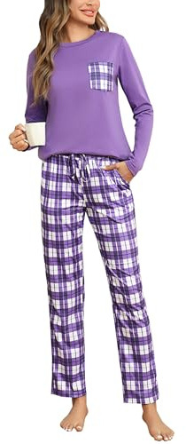Aseniza Pyjamas, dam, lång pyjamas-set, bomull, nattkläder, vinter, tvådelad pyjamas, hemmadräkt med rutiga byxor