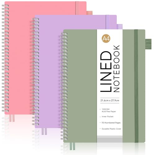 AUTEMPO A4 Notebook Lined, 3 Pack Notepad Wirebound Spiral Notebooks 110 Pages for Writing, 100gsm Thick Paper, PVC Cover, for Women Men Work Office School, 21.6 x 27.9cm, Green,Pink,Purple