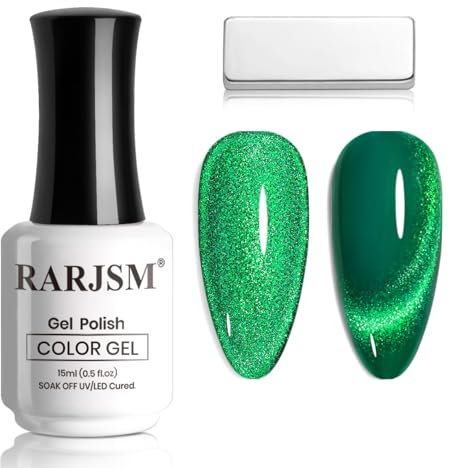 RARJSM Diamond Green Cat Eye Gel Nail Polish with Magnet Stick Emerald Green Velvet Cateye Gel Polish 15ml Sparkle Shimmer UV LED Curing Requires Soak Off Home Salon for Christmas Manicure