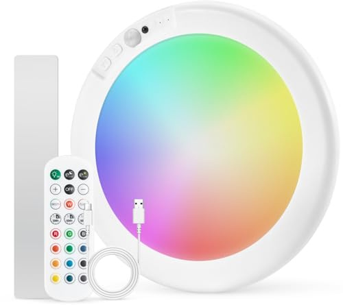 Combuh Uppladdningsbar RGB Taklampa, Rörelsesensor USB Batteridriven Led Lampor med Fjärrkontroll, 20cm Dimmbar Stämningslampa med 12 Färger för Barnrum Fest Garage Hall, Rund