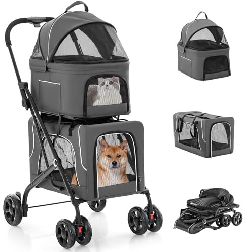 GYMAX Poussette Chien Chat 2 Couches Détachable, Transporteur et Siège Auto 3-en-1 pour Animaux de Companie, Auvent Réglable, Coussin Amovible, Poche de Rangement, Cadre en Métal Pliable (Gris)