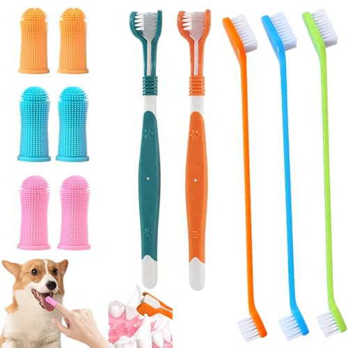 11 Pcs Dog Toothbrush Set, 2 Dual-Dead Toothbrush with 6 Pet Finger Toothbrushes, 3 Dual-Dead Toothbrush, Dental Care 360° Teeth Cleaning Products for Small Medium, and Large Dog Cat Pets