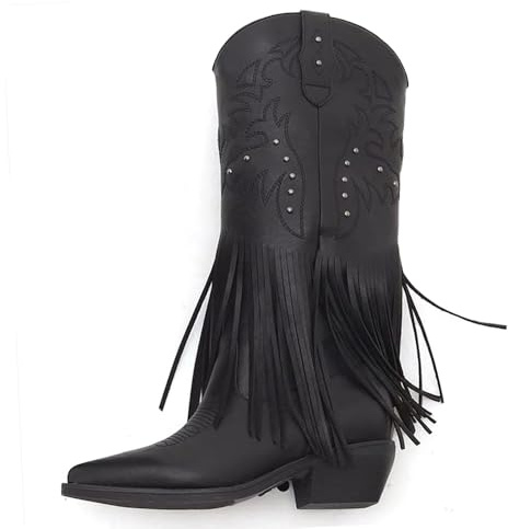 IF Stivali texiani western donna con frange punta affusolata cowgirl boho chic moda country eleganti MP2702-2 Nero N.36