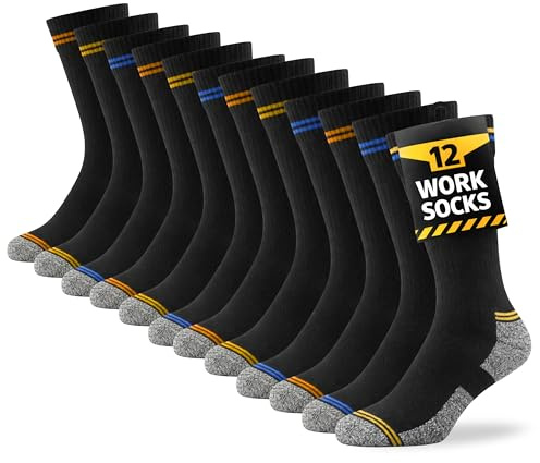 HyFRESH 12 Pairs Mens Work Socks - Thick Work Socks Mens 6-11 Heavy Duty - Thermal Work Boot Sock Multipack - Breathable, Durable, Comfortable Cotton, Reinforced Toe & Heel - Multicolour