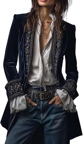 Femmes Vintage Marine Polyester Velours Brodé Longue Veste Solide Col V Rétro Boho Blouse Top Velours Blazer Vintage, bleu, M