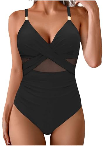 Maillot De Bain Gainant Ventre Plat pour Femme 1 Pieces Maillot De Bain Une Pièce Sexy Col V Transparent en Maille Monokini Swimwear Amincissante Vêtements De Natation De Plage