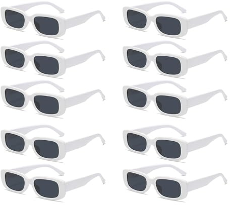 WestCH 10 Pcs Blanc Lunettes de Soleil, Lunettes Soleil Vintage Rectangulaires, Lunette de Soleil pour Homme et Femme, Sunglasses Protection UV375 pour Carnaval Anniversaire Fête La Pêche