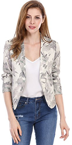 Allegra K Women's Open Front Office Work Business Casual Lightweight Summer Crop Suit Blazer Large Beige-Floral